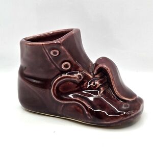 Baby Shoe Figurine Burgundy Pottery Vintage Retro 1950s Style Marked 1985